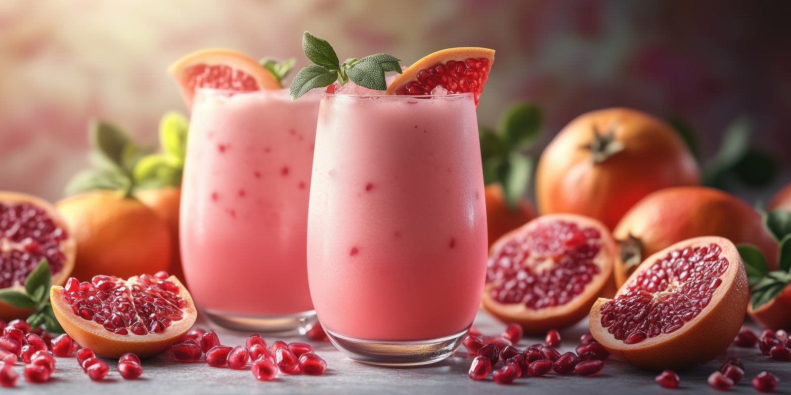 Refreshing pomegranate and orange beverages served with fresh fruit on a colorful backdrop during a warm afternoon gathering